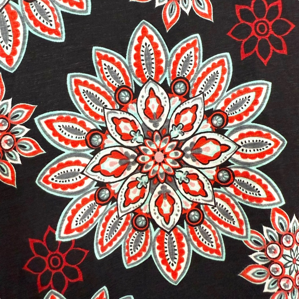 Dazzle Up Black Red Floral Print 3/4 Sleeve Tunic Top USA Made - Picture 2 of 3